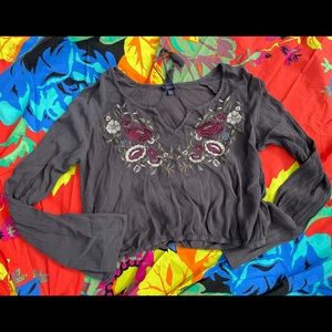 BlueGrey, crop top,floral design,tassel ties, bell sleeve, great condition,Small